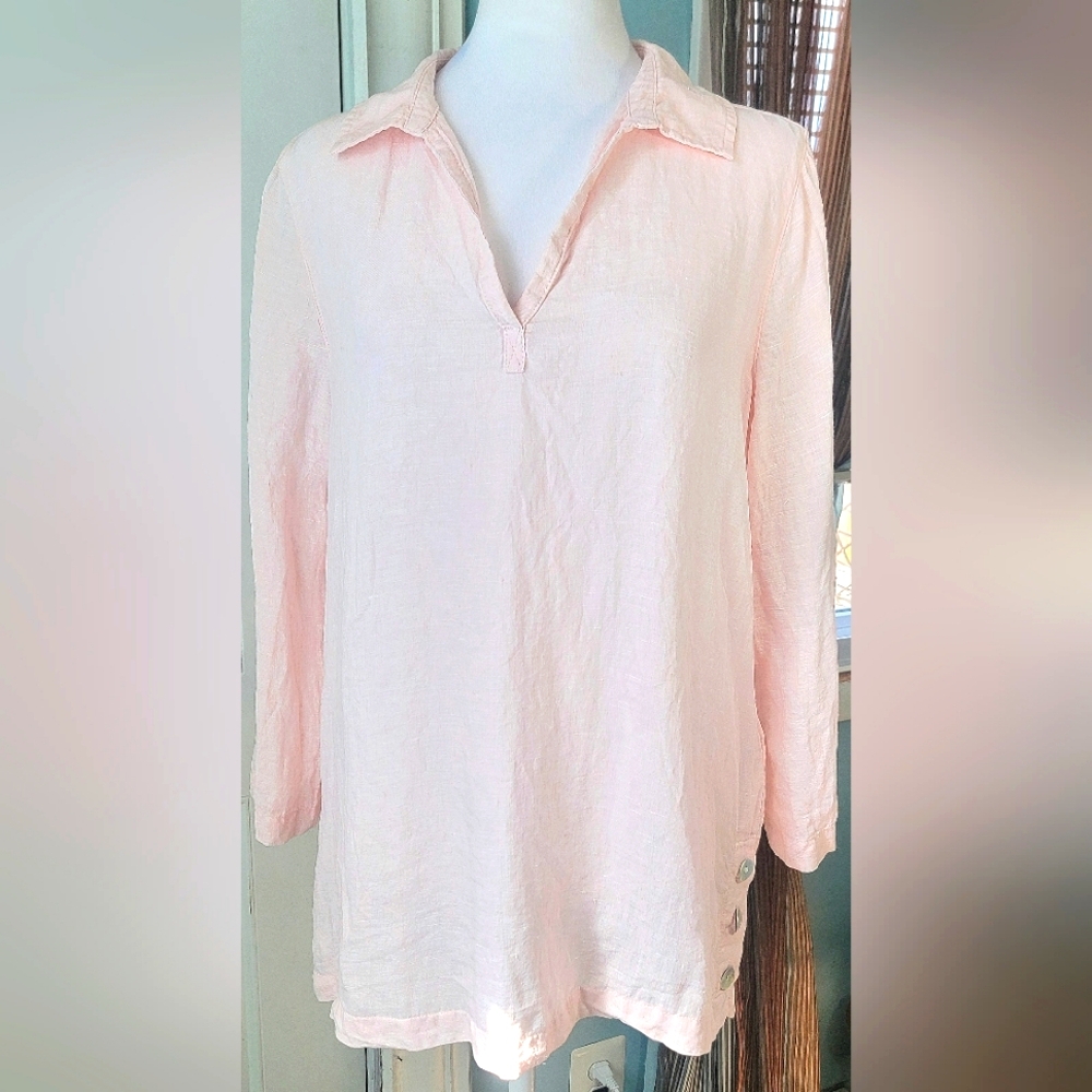 TAHARI V Neck 100% Linen Blouse Women's M Petal Pink Side Button-Detail 3/4 Slee